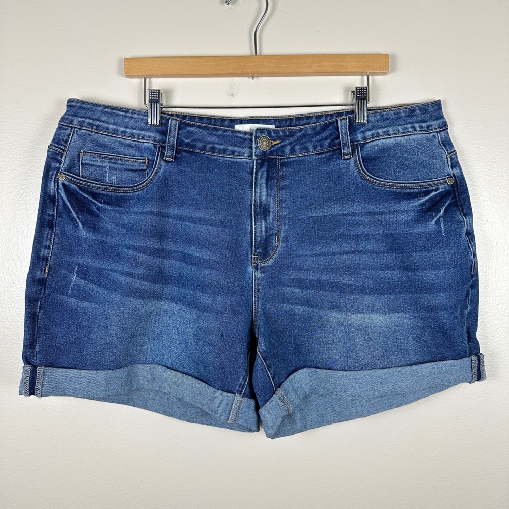 CJ Banks Women's 18W Denim Shorts Blue Cuffed Stretch Medium Wash Distressed